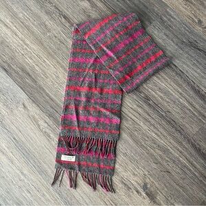 Gray Pink Red Striped Lambswool Scarf Fringe Woven in Ireland